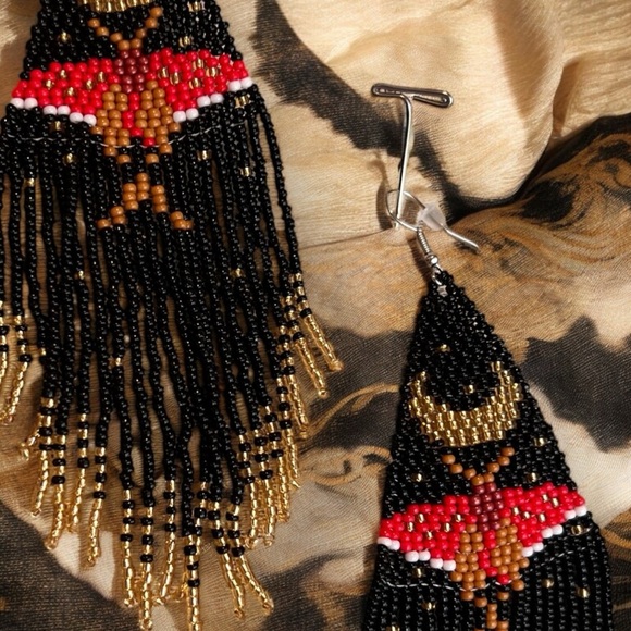 Bold Black Gold Silver Red Handmade Boho Witchy Beaded Earrings w/beaded fringe - Picture 12 of 16